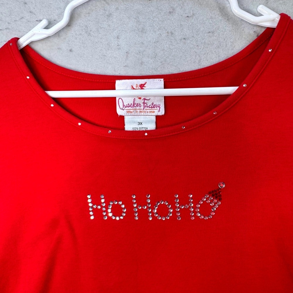 Quacker Factory Holiday Top Womens 3X Red Rhinestone Ho Ho Ho Christmas Festive